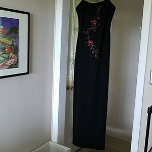 Black evening gown with pink embroidery